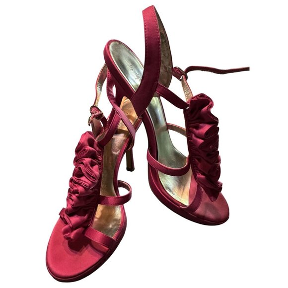 Jacqueline Ferrar Womens Burgundy Satin Strappy Heeled Sandals Size 8 - Picture 1 of 10